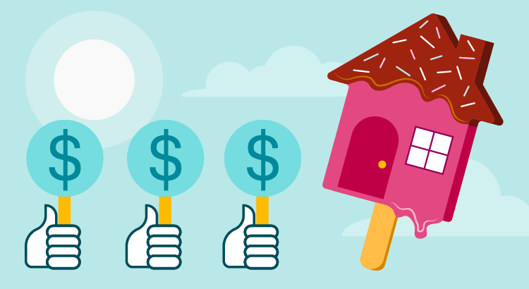 Cartoon of a popsicle stick house and thumbs up emojis holding money signs 